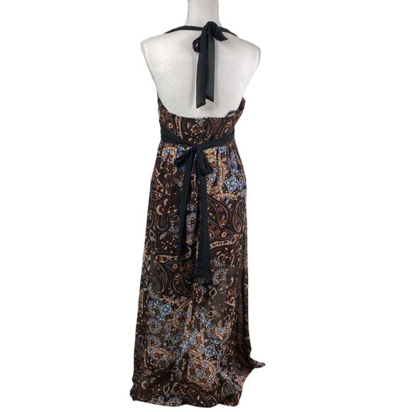 Bisou Bisou Michelle Bohbot Dress Babydoll Halter Maxi Brown Sz 8 Resort Boho - Picture 2 of 13
